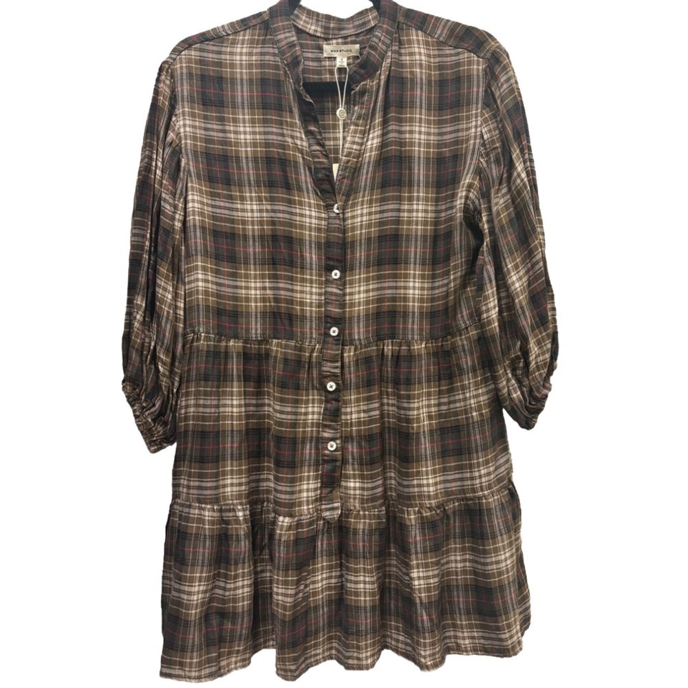 Max Studio NWT Brown plaid shirt dress with buttons and pockets, so comfy!
